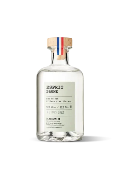 Flacon d'eau de vie de montagne Esprit Prune de la distillerie Maison M.