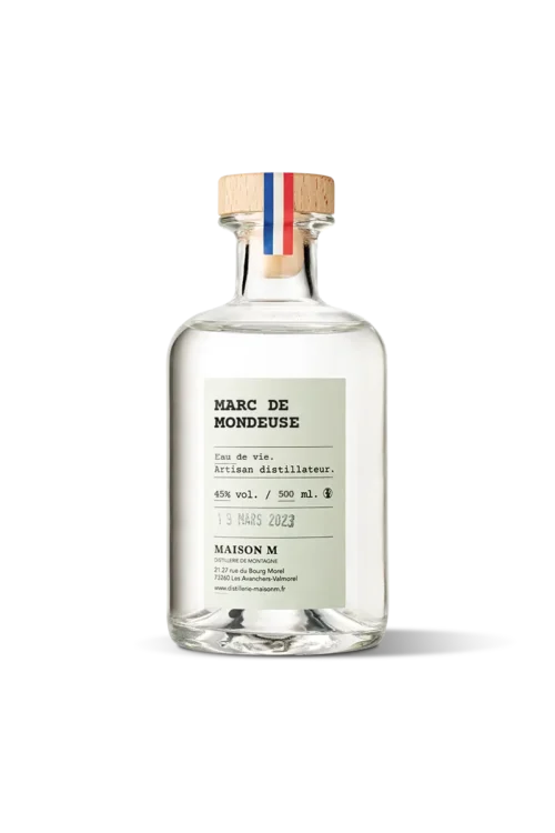 Flacon d'eau de vie de montagne Esprit Marc de Mondeuse de la distillerie Maison M.